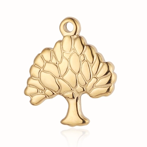 Detail of a golden tree of life pendant with intricate leaf textures on a white background