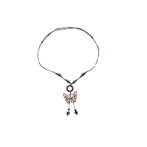 Bohemian butterfly pendant necklace with ceramic beads on dark brown woven rope cord
