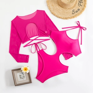 Three-piece rose pink long sleeve swimwear set with mesh cover-up and halter bikini