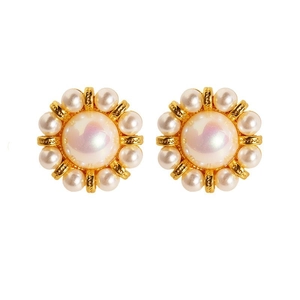 Elegant gold sunflower pearl stud earrings with large iridescent center pearls