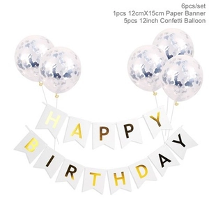 Detail view of Happy Birthday gold foil banner with five 12-inch clear confetti balloons