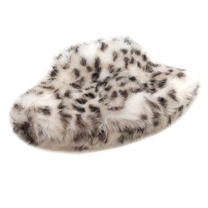 Close-up of soft faux fur bucket hat with grey leopard pattern and plush texture