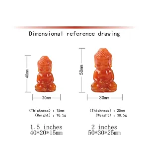 Size comparison chart for natural crystal Buddha statues in 1.5 and 2 inch dimensions