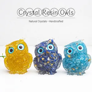 Owl Figurine Natural Crystal Gravel Resin Ornament With Gold Foil For Home Office Desk Decor Handmade Animal Statue