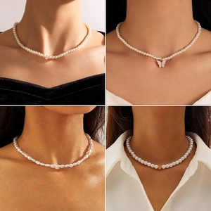 Elegant Faux Artificial Pearl Necklace For Women Alloy Vintage Style Jewelry With Butterfly Heart And Cross Pendants Simple Choker