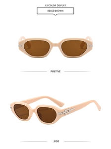 Detail view of beige geometric sunglasses with silver metal accents and brown lenses