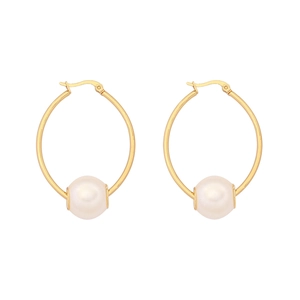 Elegant gold geometric hoop earrings with round white pearls on a clean white background