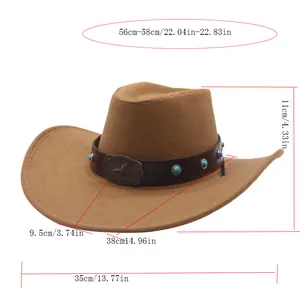 Guide des tailles détaillé du chapeau de cowboy avec mesures du bord, hauteur et tour de tête