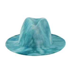 Blue and green tie-dye wool fedora hat with a wide brim and classic pinched crown design