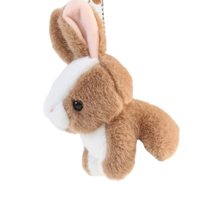Cute brown and white plush rabbit keychain with metal chain on white background