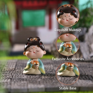 Q-version Tang Dynasty lady resin bobblehead figure with traditional blue Hanfu dress