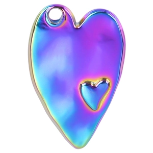 Polished rainbow stainless steel heart pendant with embossed heart detail on white background