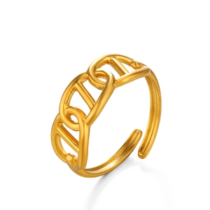 Minimalist gold oval link open ring with vintage anchor chain design for women