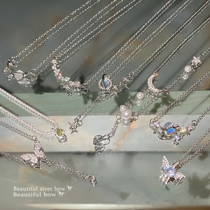 Chic silver butterfly and saturn titanium steel necklaces with sparkling crystal details