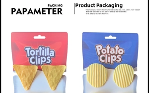 Macro view of novelty tortilla and potato chip clips with colorful retail packaging
