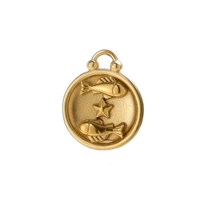 Detail of 18K gold Pisces zodiac charm pendant featuring fish and star relief patterns