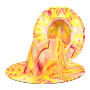 Vibrant watercolor tie-dye fedora hat with yellow and pink patterns for men and women