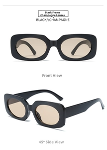 Detailed front and side views of vintage square black frame sunglasses with champagne lenses