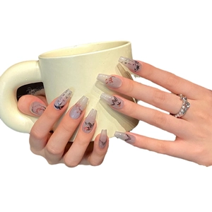Chinese ink style press-on nails with plum blossom and bird patterns on grey-purple base