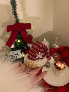 Mini red striped Christmas hat hair clip with snowflake and Merry Christmas gold lettering