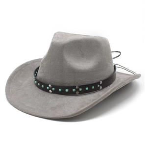 Gray faux suede western cowboy hat with vintage turquoise beads and metal rivets band