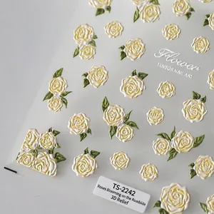 5D embossed floral nail art stickers with delicate yellow and green rose patterns