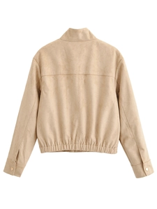 Back view of khaki faux suede jacket with stand collar and elastic hem on white background
