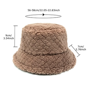 Brown teddy fleece bucket hat for women showing dimensions 56-58cm for winter warmth