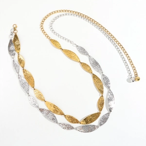 Rhombic wave textured metal waist belt chain in gold and silver leaf-shaped links