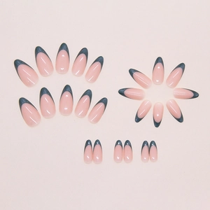 Almond shape press-on nails with nude pink base and dark blue-grey French tips, 24pcs set