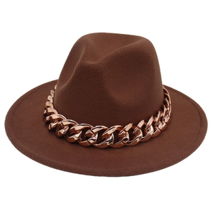 Dark brown wool felt fedora hat featuring a chunky rose gold chain link decoration