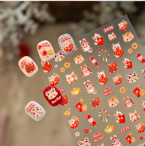 Detail of 2026 Lunar New Year nail stickers with lucky cat and lion dance motifs