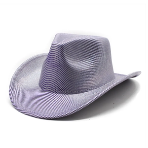 Detail of purple and silver striped western cowboy hat with glossy metallic finish