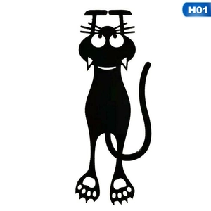 3D cartoon cat bookmark with big eyes and sharp teeth in black minimalist animal style