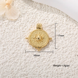 Detailed view of 16mm gold-plated sunburst charm showing exact size and 1.5g weight