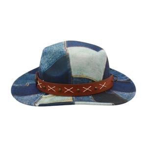 Vintage patchwork denim cowboy hat with brown leather band and metal rivets