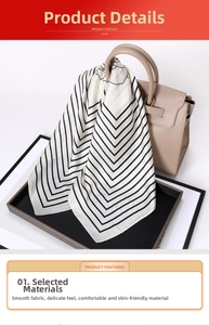 Detailed view of striped satin square scarf with chevron patterns on a beige leather bag