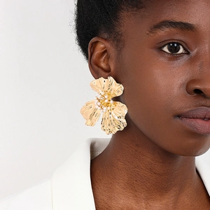 Statement Flower Stud Earrings Gold Tone Alloy With Faux Artificial Pearls Exaggerated Large Metal Floral Three Petal For Women
