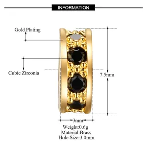Gold plated brass spacer bead with black cubic zirconia and measurement specs
