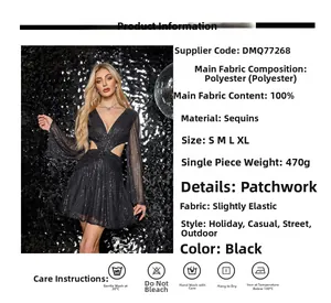 Détail de la robe noire à paillettes montrant la découpe à la taille et le décolleté V