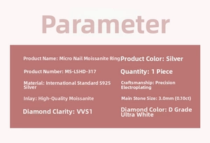 Specifications for S925 sterling silver ring with D color VVS1 moissanite stones