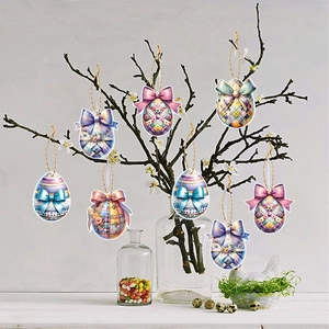 Easter egg hanging tags set with colorful patterns and ribbons on decorative branches