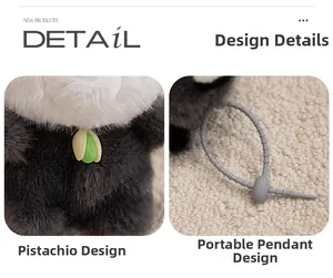 Detail view of a fluffy black and white panda plush keychain with a pistachio buckle