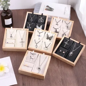 Bamboo jewelry display tray set for necklaces and rings with premium velvet liners