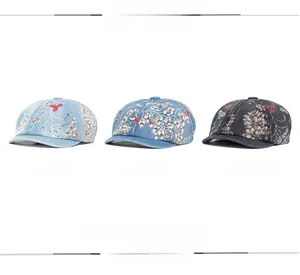 Three colors of denim octagonal hats with ethnic floral embroidery patterns