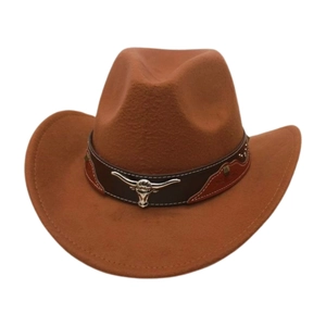 Classic brown felt western cowboy hat with wide brim and silver bull head metal buckle