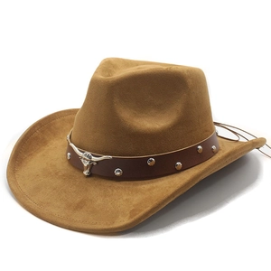 Chapeau De Cowboy Occidental Suédine Décor Tête De Taureau En Métal Rivet Bande En Cuir Rétro Bord Large Pour Hommes Femmes