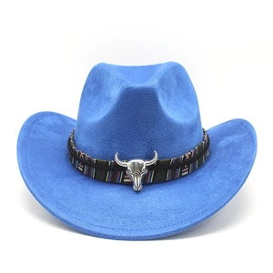 Blue suede western cowboy hat with ethnic braided band and silver bull skull metal ornament