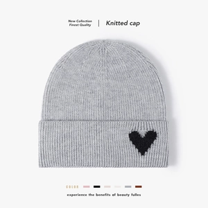 Women Heart Pattern Knitted Beanie Hat Faux Rabbit Hair Warm Winter Ribbed Cuffed Fashion Outdoor Minimalist Cap