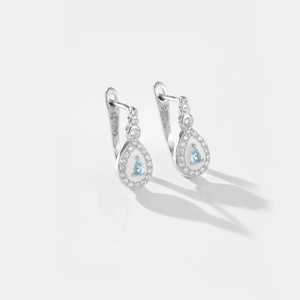 S925 sterling silver teardrop earrings with light blue gemstone and clear zircon accents